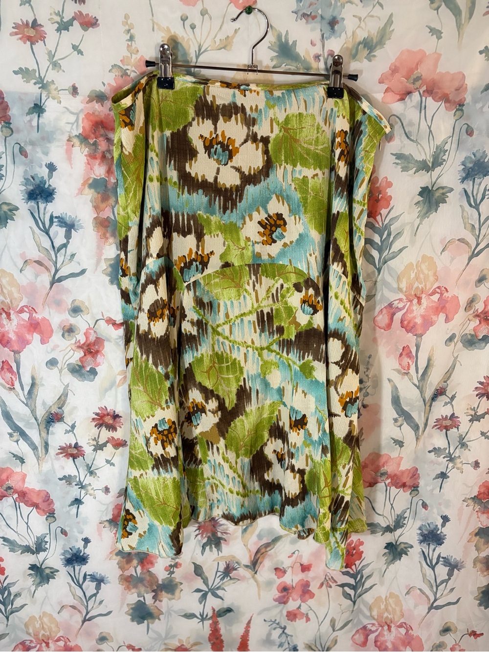 Vintage Floral Print Midi Skirt in Green and Aqua